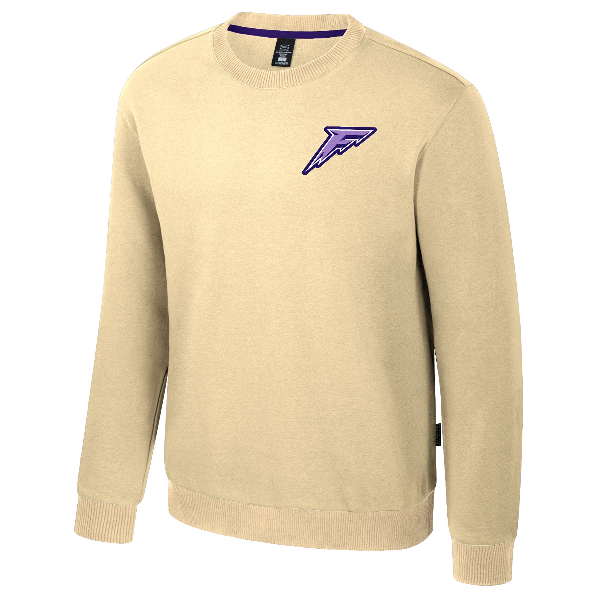 Cream sweater with a purple logo on a white background