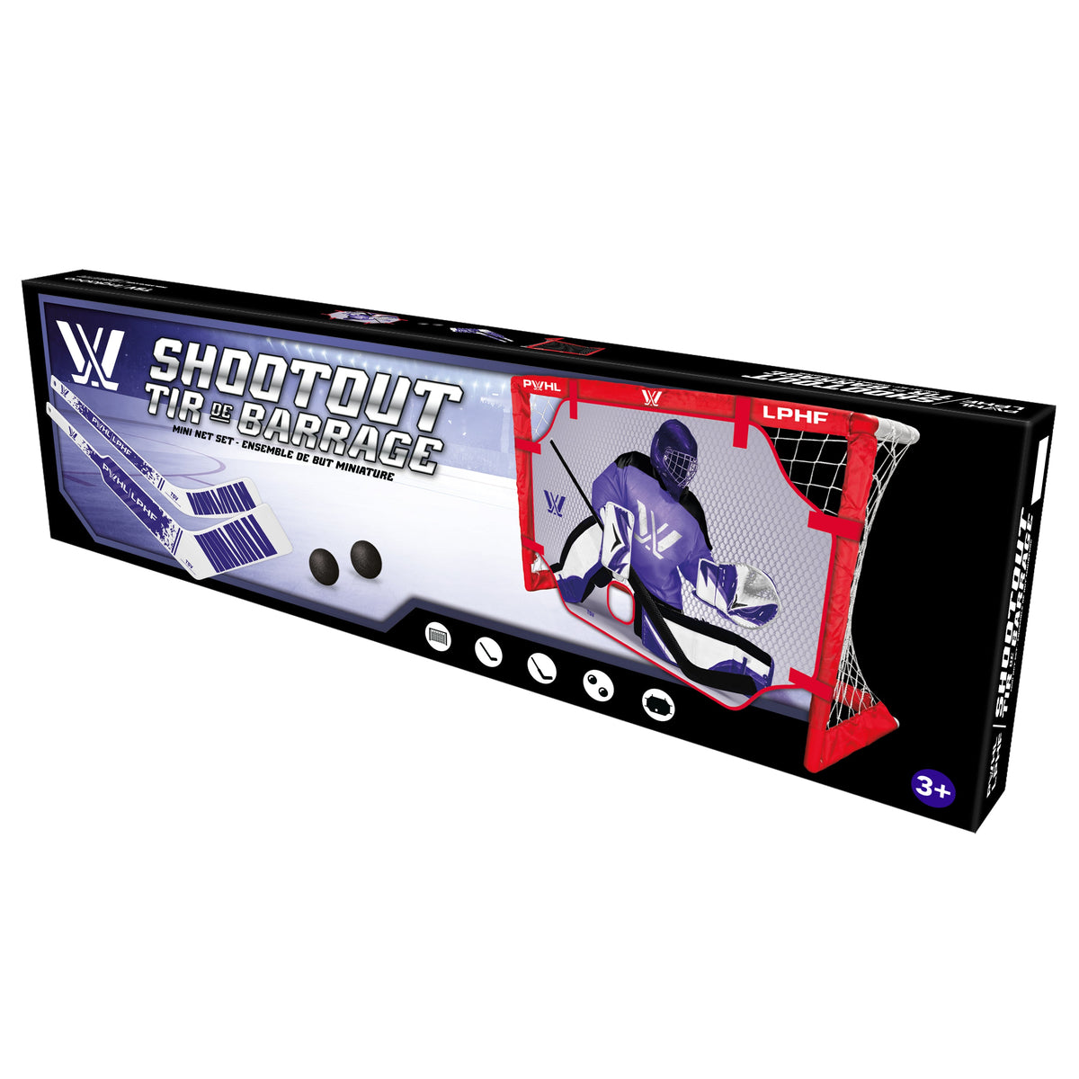 Hockey goal toy set packaging with player illustration on a white background