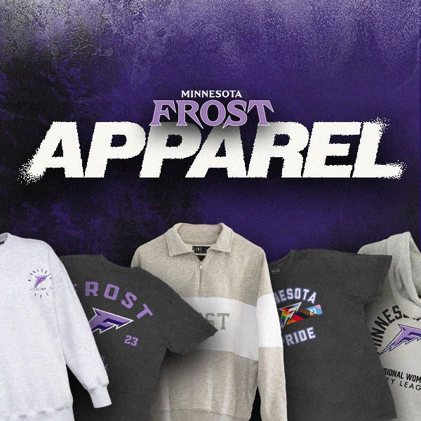 A promotional graphic for Minnesota Frost Apparel showing several team apparel items arranged against a dark purple textured background with large 'MINNESOTA FROST APPAREL' text. Visible products include a white sweatshirt, a dark gray T-shirt, a light gray quarter-zip pullover, a dark gray T-shirt, and a light gray hoodie.