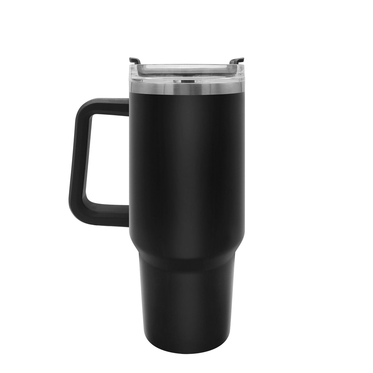 A matte black insulated travel mug with a matching black handle and a clear lid, shown on a solid white background.