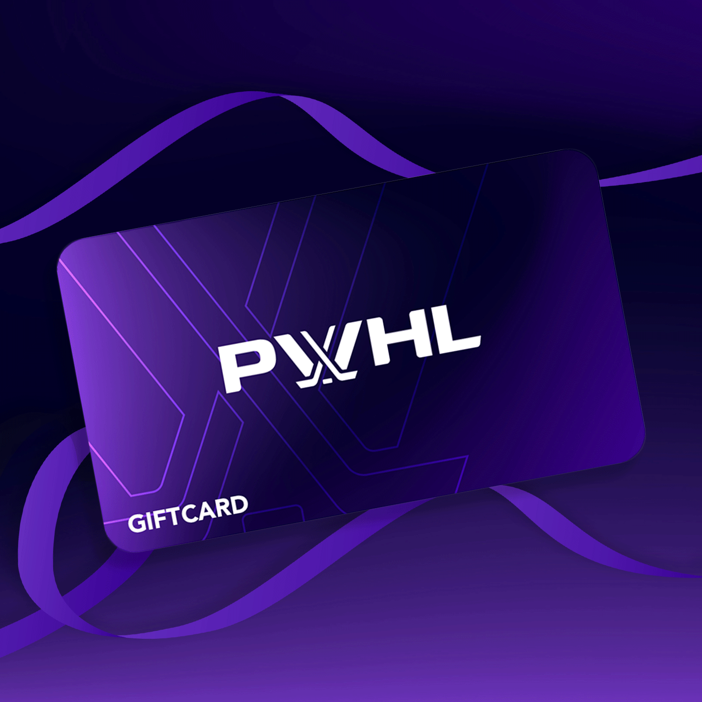 Purple gift card with 'PWHL' logo and 'GIFTCARD' text on a dark purple background