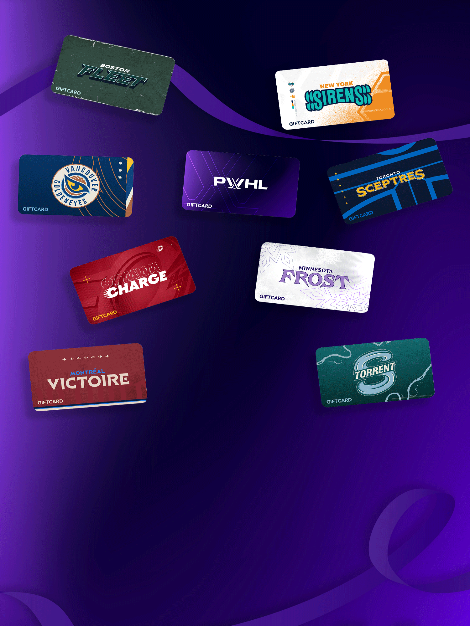 Collection of branded gift cards on a purple background