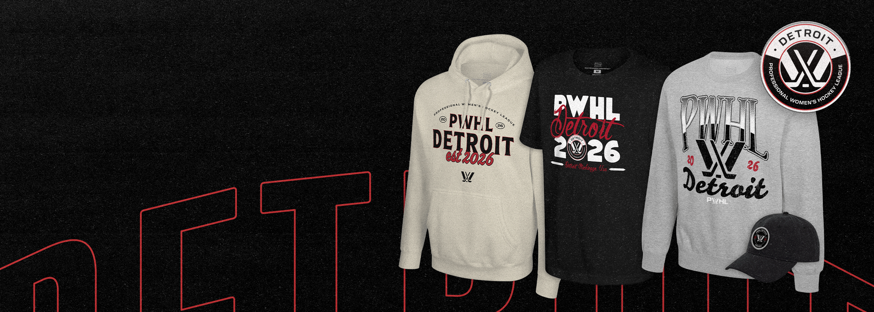Three hoodies with text and logos on a dark background