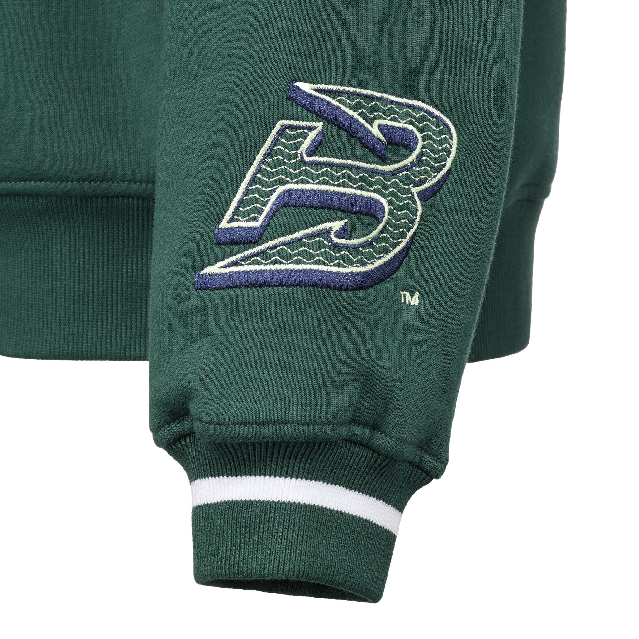 Green sweatshirt with a logo on the sleeve against a white background