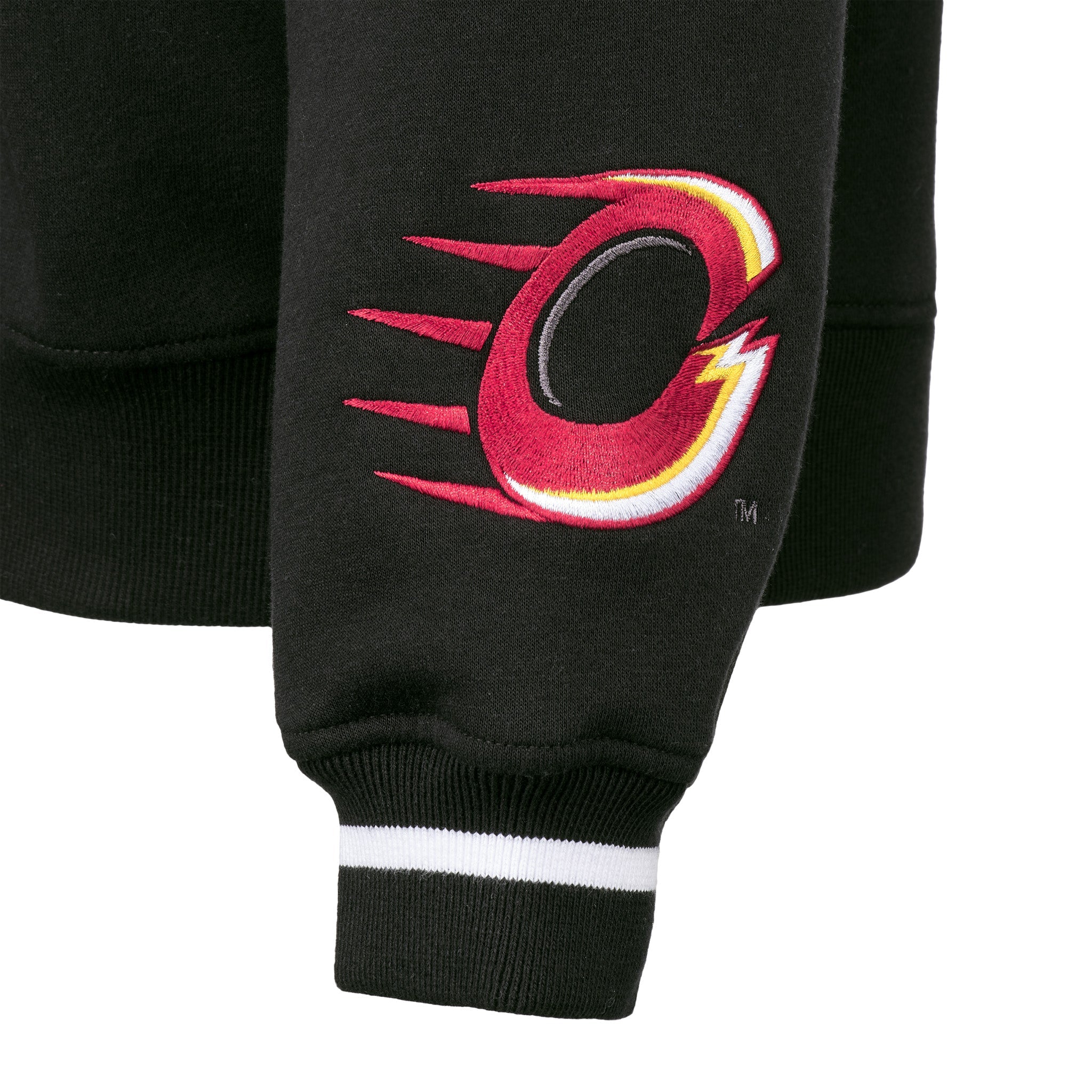 Black sweatshirt with a red and yellow logo on a white background