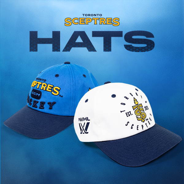 Two Toronto Sceptres hockey hats displayed against a blue gradient background with the text 'TORONTO SCEPTRES HATS' at the top. One hat is light blue with a navy brim and yellow/blue embroidery, and the other is white with a navy brim and gold/black embroidery.