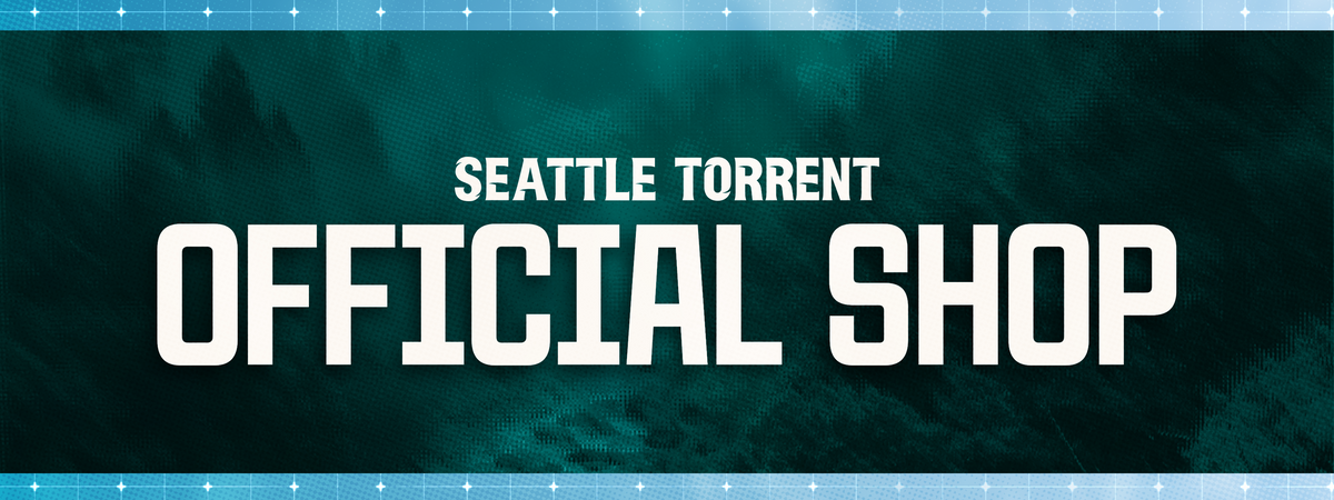 A digital banner with the text 'SEATTLE TORRENT OFFICIAL SHOP' in bold white lettering over a dark teal forest background with a blue grid pattern at the top and bottom.