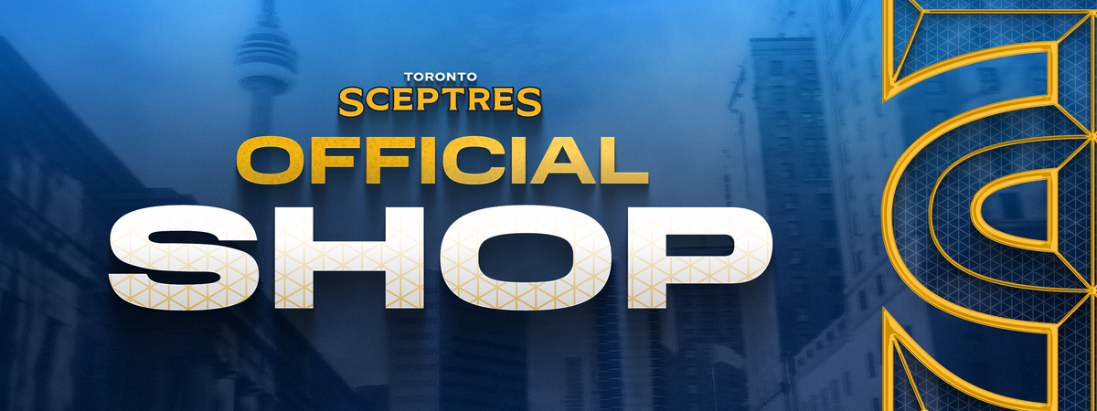 Promotional graphic for the Toronto Sceptres Official Shop, featuring bold yellow and white text over a blue-toned cityscape background with the Toronto Entertainment Centre visible.