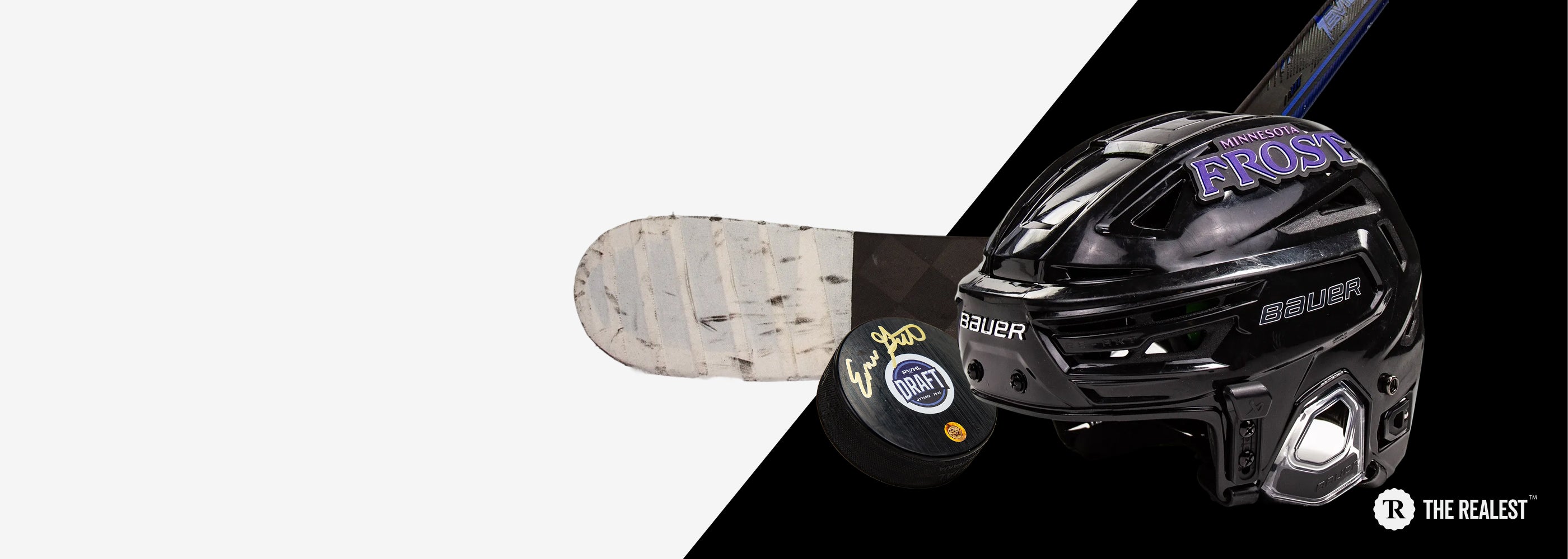 game used hockey stick blade, helmet, and signed puck on a black and white background