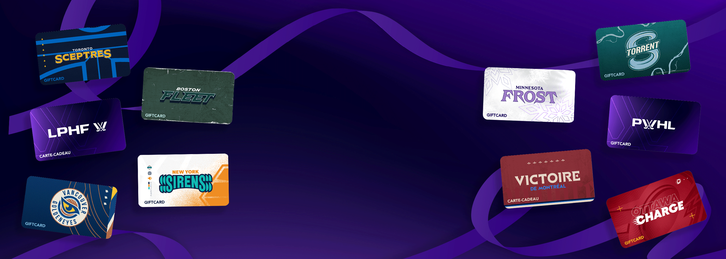 Collection of various gift cards on a purple background