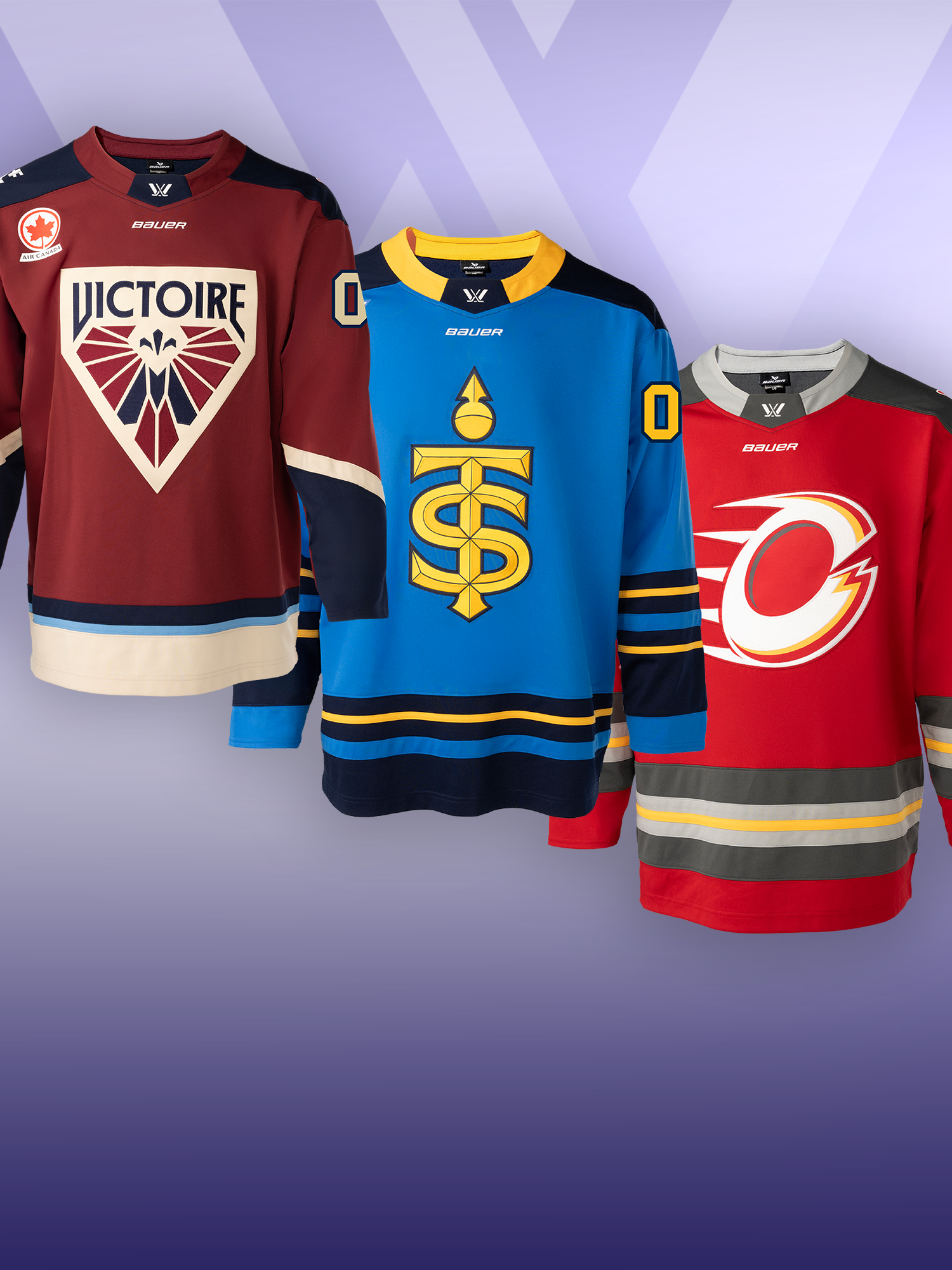 Three hockey jerseys with different designs on a gradient background