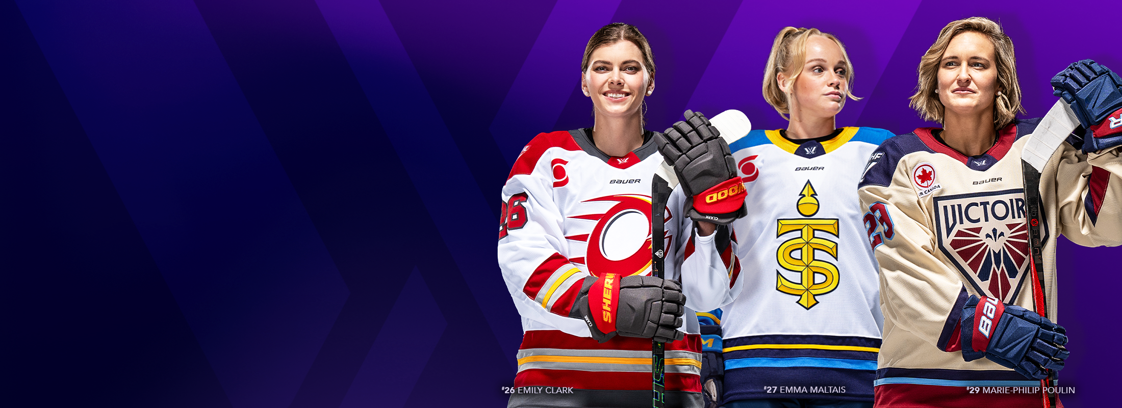 Three PWHL hockey players wearing hockey jerseys with visible brand logos on a purple background