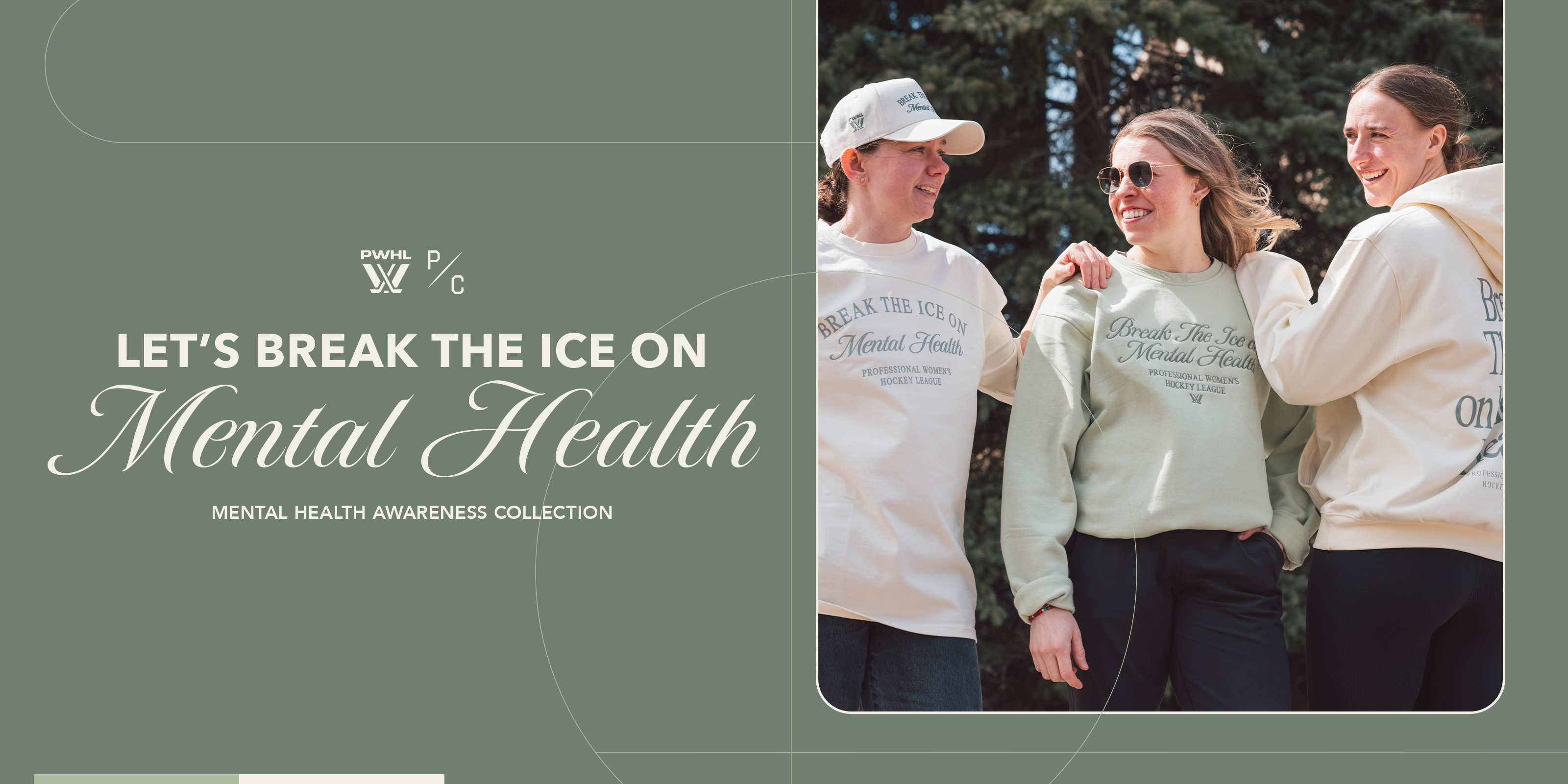 Three people wearing matching sweatshirts with text about mental health awareness, on a gray background.