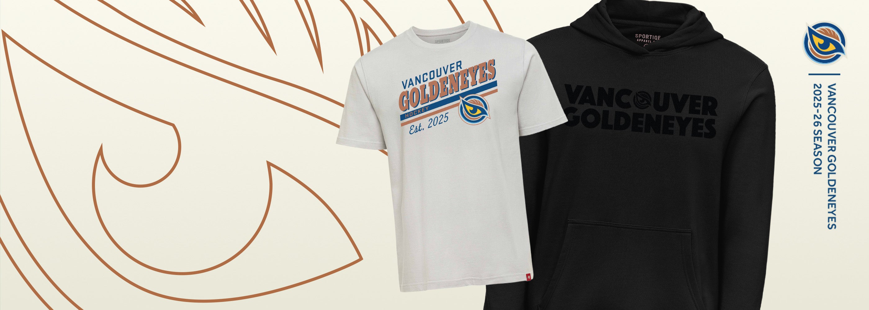 White t-shirt and black hoodie with 'Vancouver Oldeneyes' text on a beige background