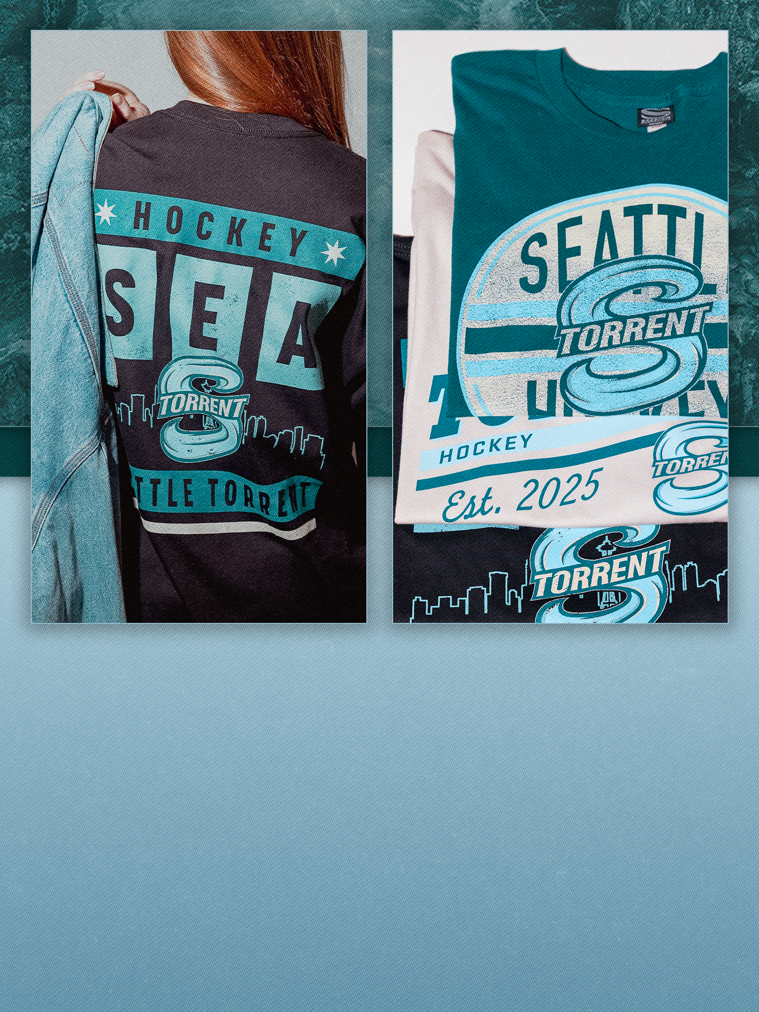 Two hockey-themed t-shirts with 'Seattle Torrent' branding on a blue background.