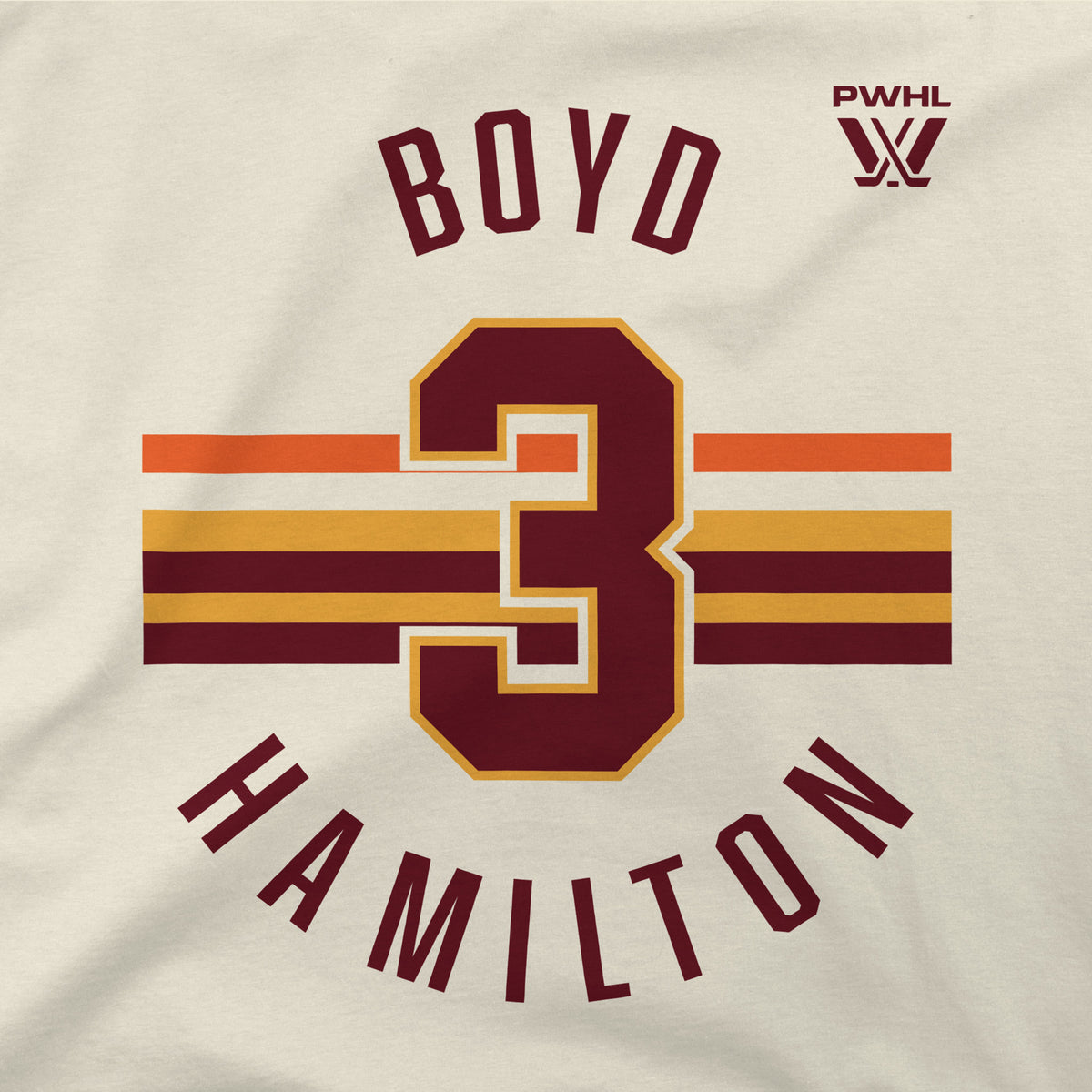 The front of a cream short sleeved shirt. Maroon, gold, and orange stripes are across the center with a maroon '3' outlined in gold on top of them. 'BOYD' in maroon is on top with the PWHL logo next to it. 'HAMILTON' is below in maroon. 