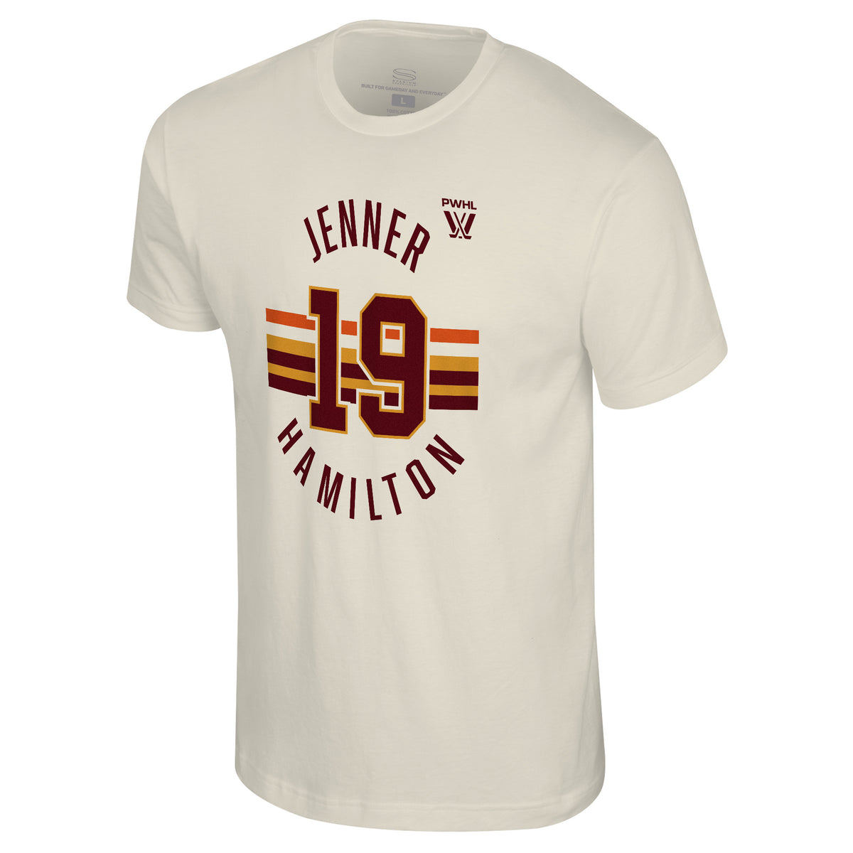 The front of a cream short sleeved shirt. Maroon, gold, and orange stripes are across the center with a maroon '19' outlined in gold on top of them. 'JENNER' in maroon is on top with the PWHL logo next to it. 'HAMILTON' is below in maroon. 