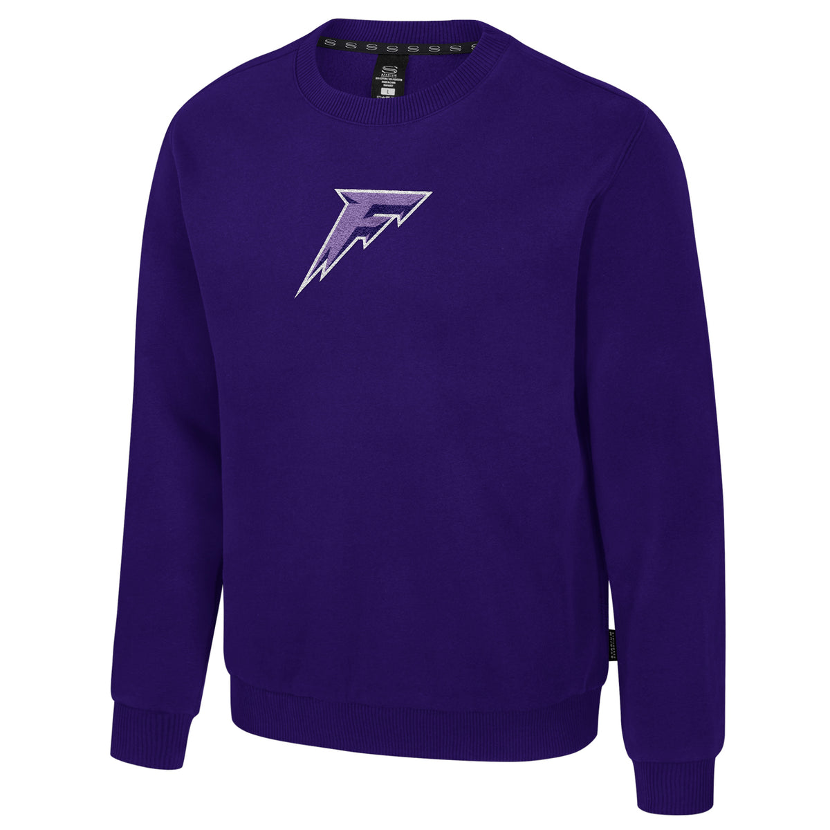 The front of a purple crew neck sweatshirt with ribbed collar, cuffs and bottom band. The Minnesota Frost logo is embroidered in the center of the chest.