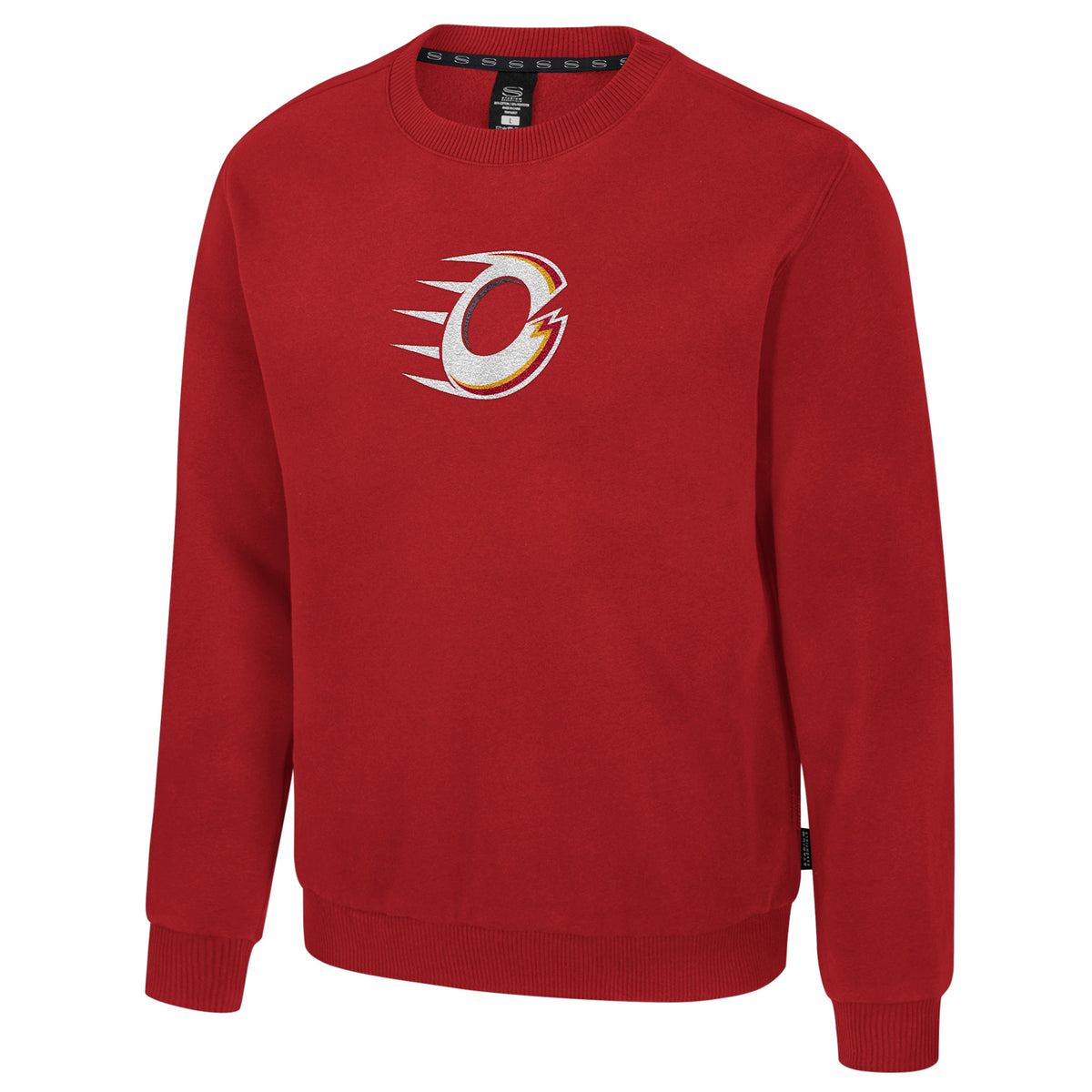 The front of a red crew neck sweatshirt with ribbed collar, cuffs and bottom band. The Ottawa Charge logo is embroidered in the center of the chest.