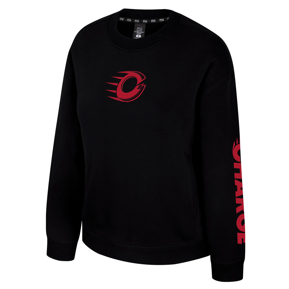 The front of a black crew neck sweatshirt with ribbed collar, cuffs and bottom band. A red mono-color Ottawa Charge logo is in the center of the chest with 'CHARGE' along the left sleeve with the Ottawa Charge logo as the 'C'.
