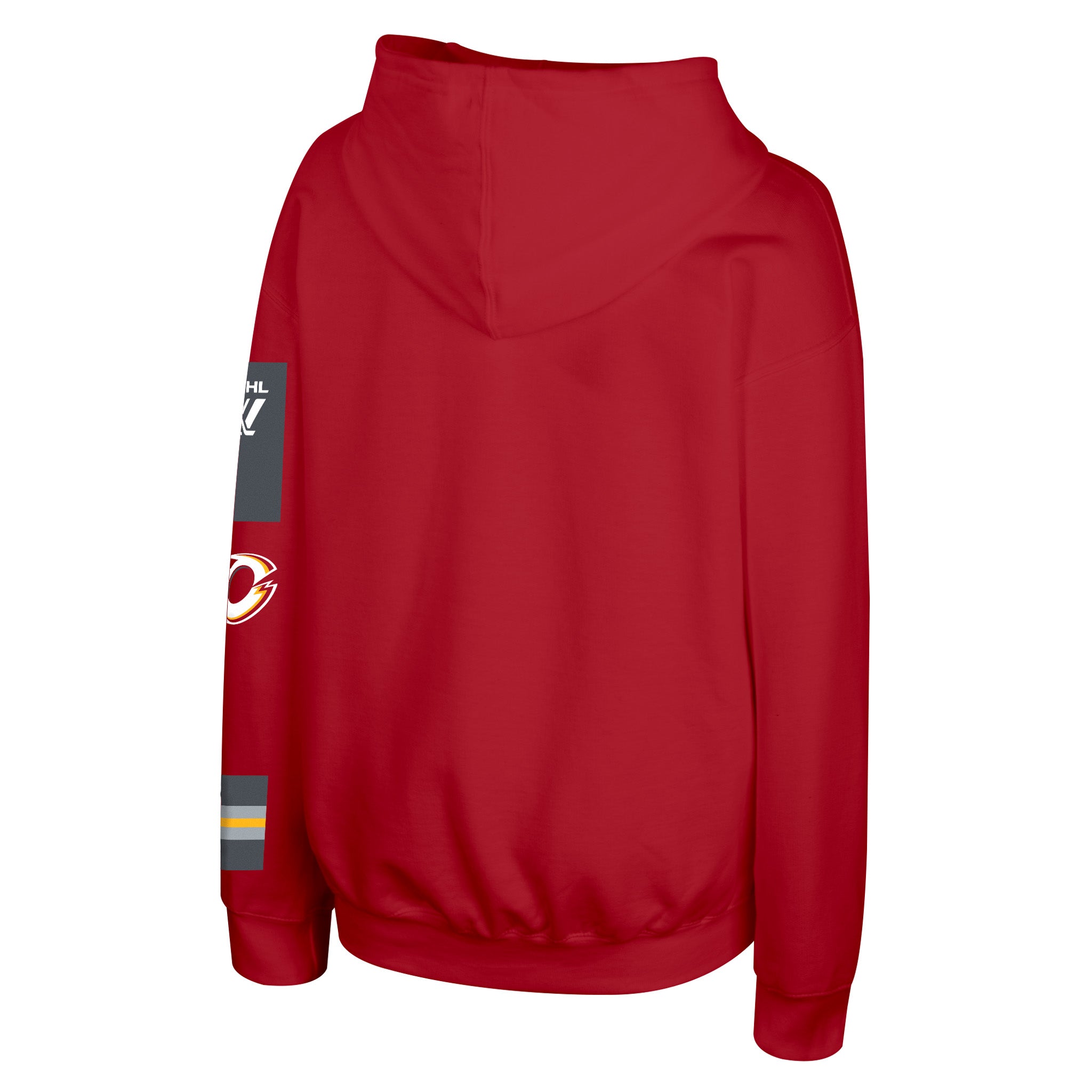 A red pullover hoodie shown from the back, featuring a gray patch on the left sleeve with white text and a Ottawa Charge logo.