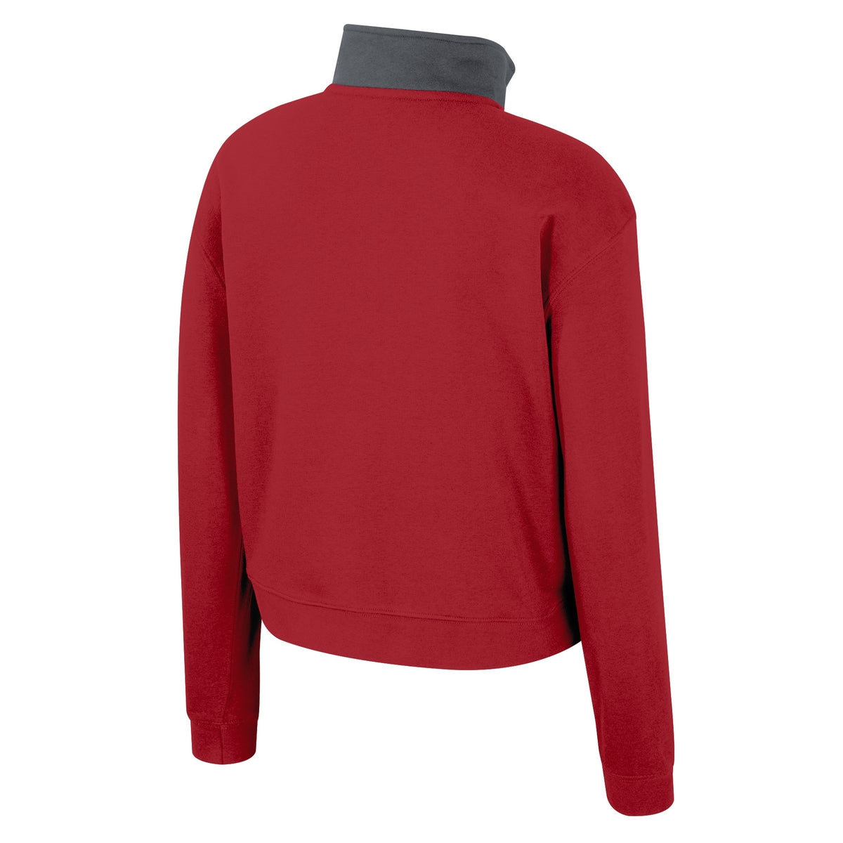 The back of a red Ottawa Charge fleece half zip with dark gray color blocking on the collar.