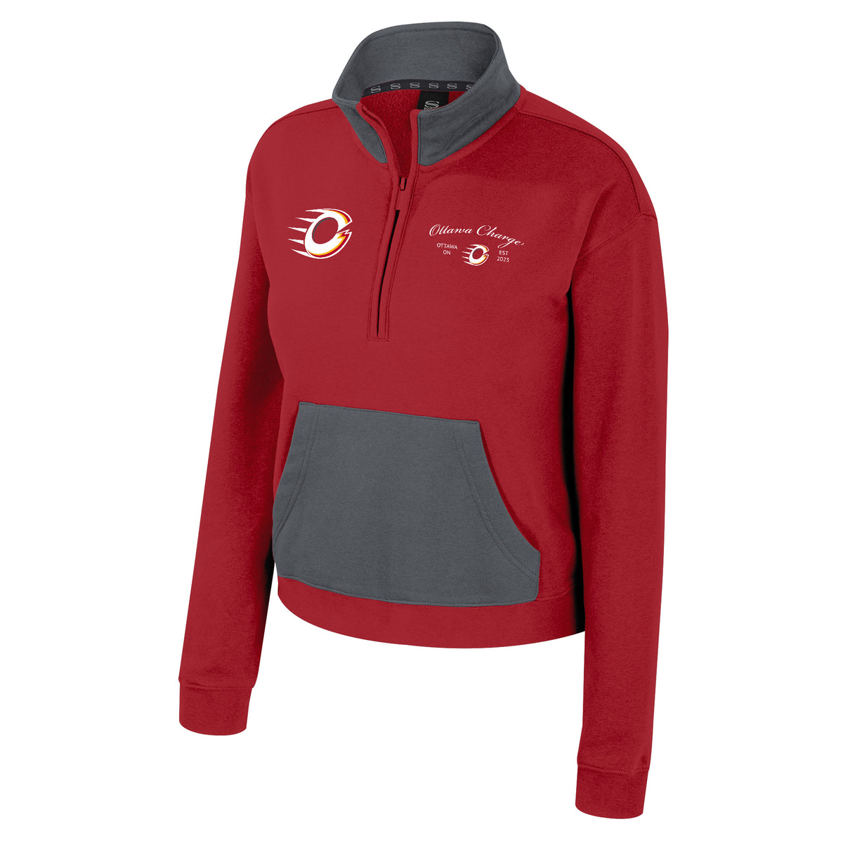 The front of a red fleece half zip with dark gray color blocking on collar and front pocket. The right chest has an embroidered Ottawa Charge logo. The left chest has ‘Ottawa Charge’ embroidered in white cursive above a small, embroidered Ottawa Charge Logo with ‘OTTAWA, ON’ and ‘EST 2023’ on each side of it.