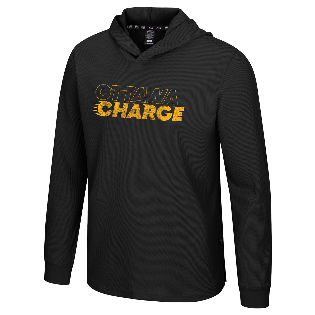 The front of a black thermal hoodie with 'OTTAWA GHARGE' across the chest with 'OTTAWA' outlined in yellow and 'CHARGE' in solid yellow lettering. The Ottawa Charge logo is in the place of the 'C' in Charge. 
