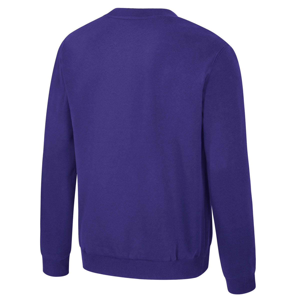 The back of a purple crew neck PWHL crew neck sweatshirt. The collar, cuffs, and bottom have ribbed detailing.