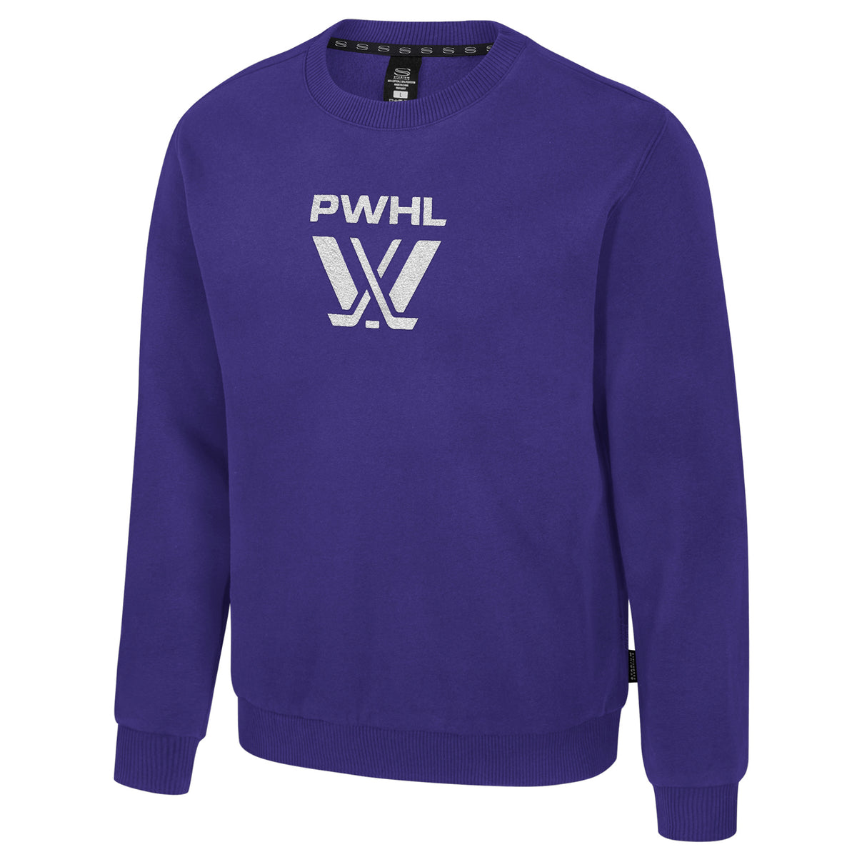 The front of a purple crew neck sweatshirt with ribbed collar, cuffs and bottom band. The PWHL logo is embroidered in white on the center of the chest with 'PWHL' on top of it.