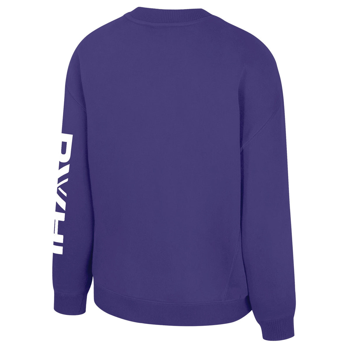 The back of a purple crew neck sweatshirt with ribbed collar, cuffs and bottom band. It has 'PWHL' with the PWHL logo as the 'W' along the left sleeve.
