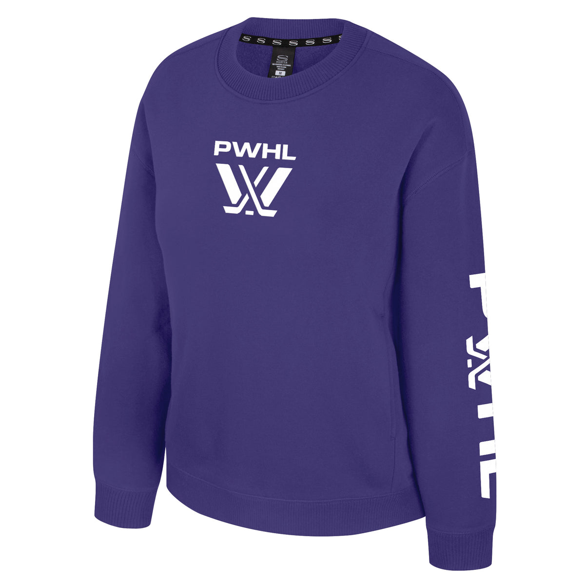 The front of a purple crew neck sweatshirt with ribbed collar, cuffs and bottom band. A white PWHL logo is in the center of the chest with 'PWHL' above it. It also has 'PWHL' with the PWHL logo as the 'W' along the left sleeve.