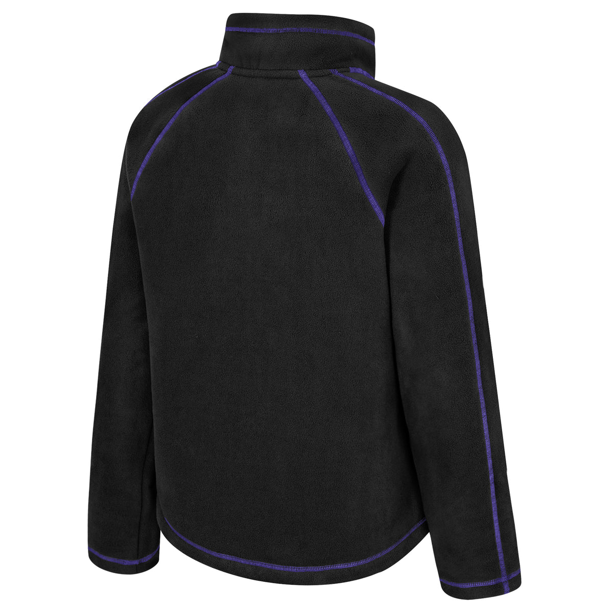 The front of a black full-zip PWHL fleece jacket with purple stitched seams along the arms, shoulders, and collar. 