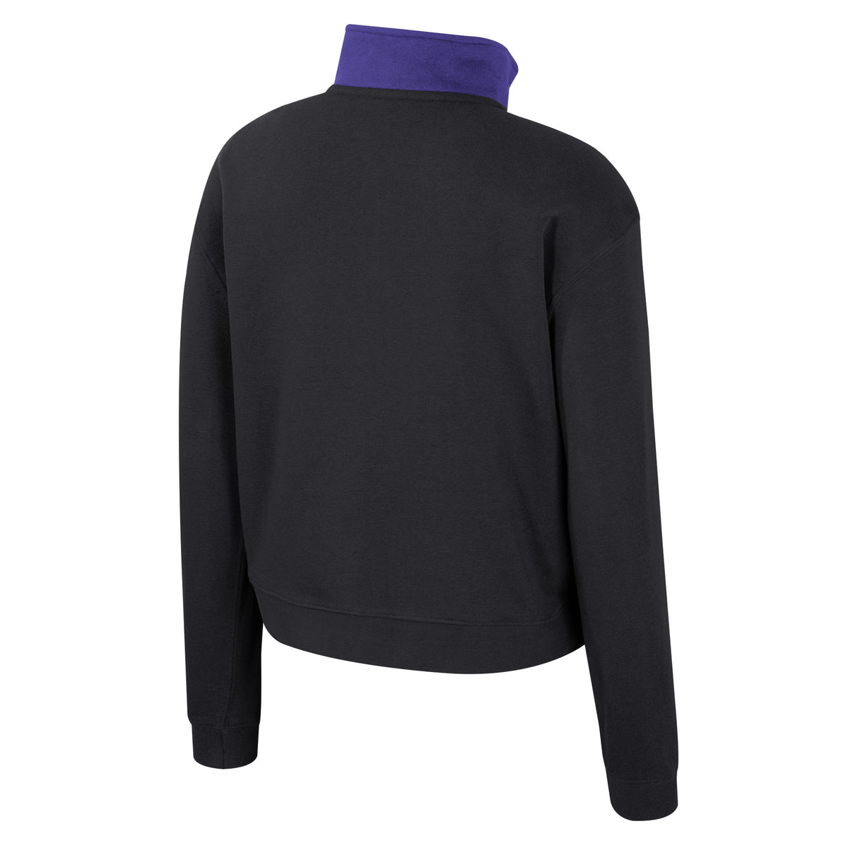 Back of a black PWHL half zip sweatshirt with purple color blocking on the collar and front pocket.