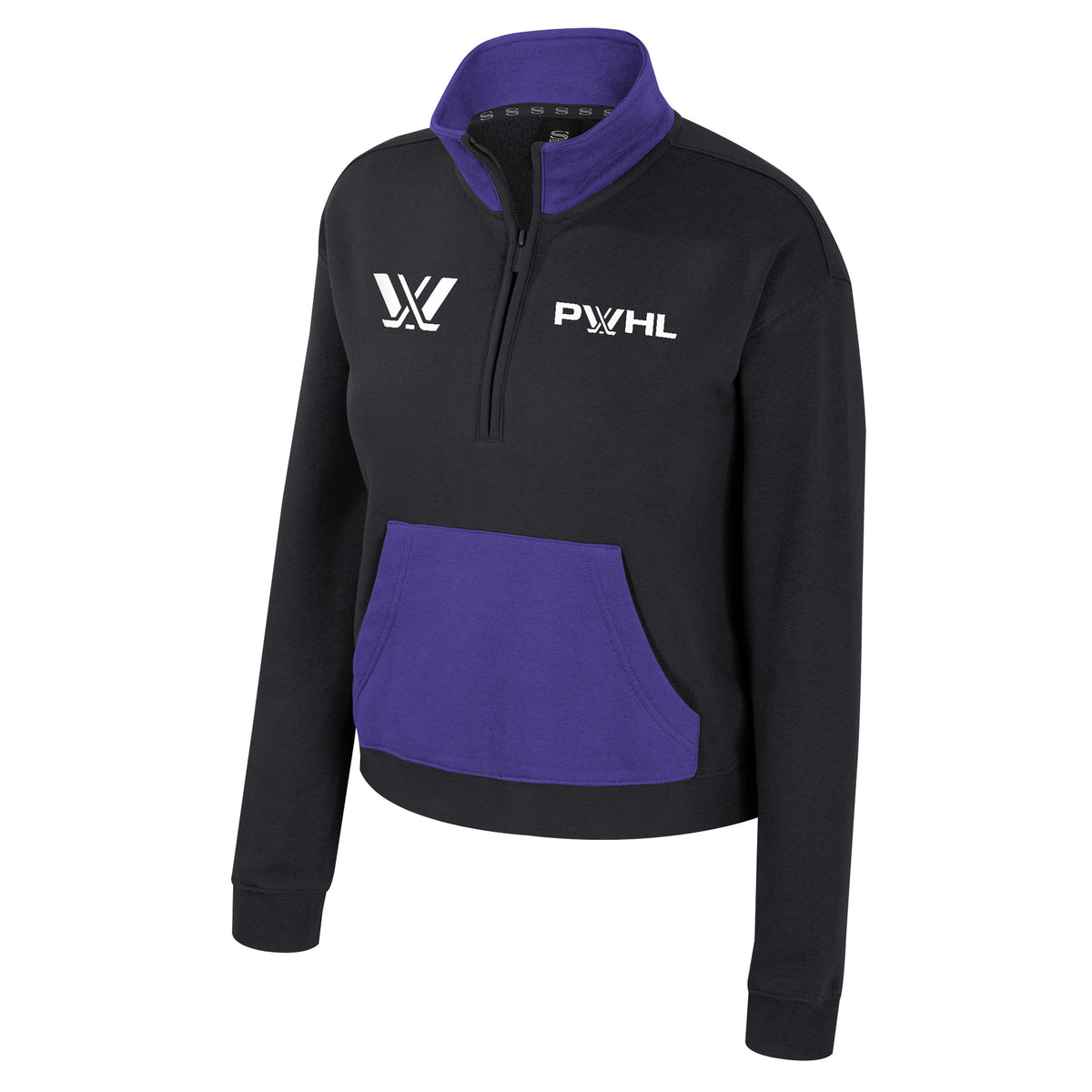 Front of a black half zip sweatshirt with purple color blocking on the collar and front pocket. The PWHL Logo is on the right chest and 'PWHL' with the PWHL logo as the 'W' on the left chest. 