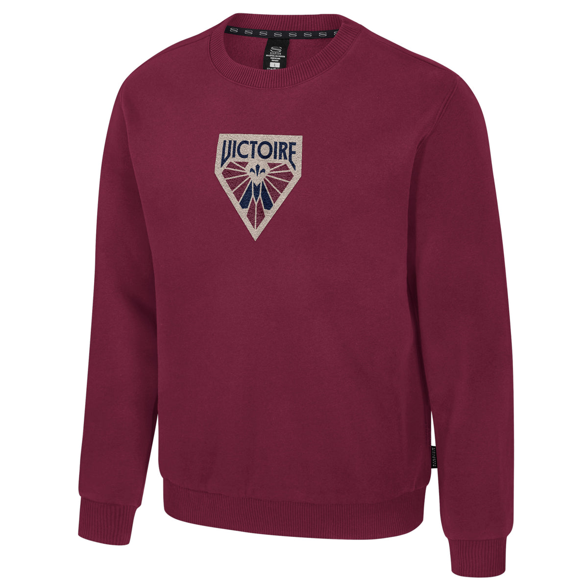The front of a burgundy crew neck sweatshirt with ribbed collar, cuffs and bottom band. The Montreal Victoire logo is embroidered in the center of the chest.