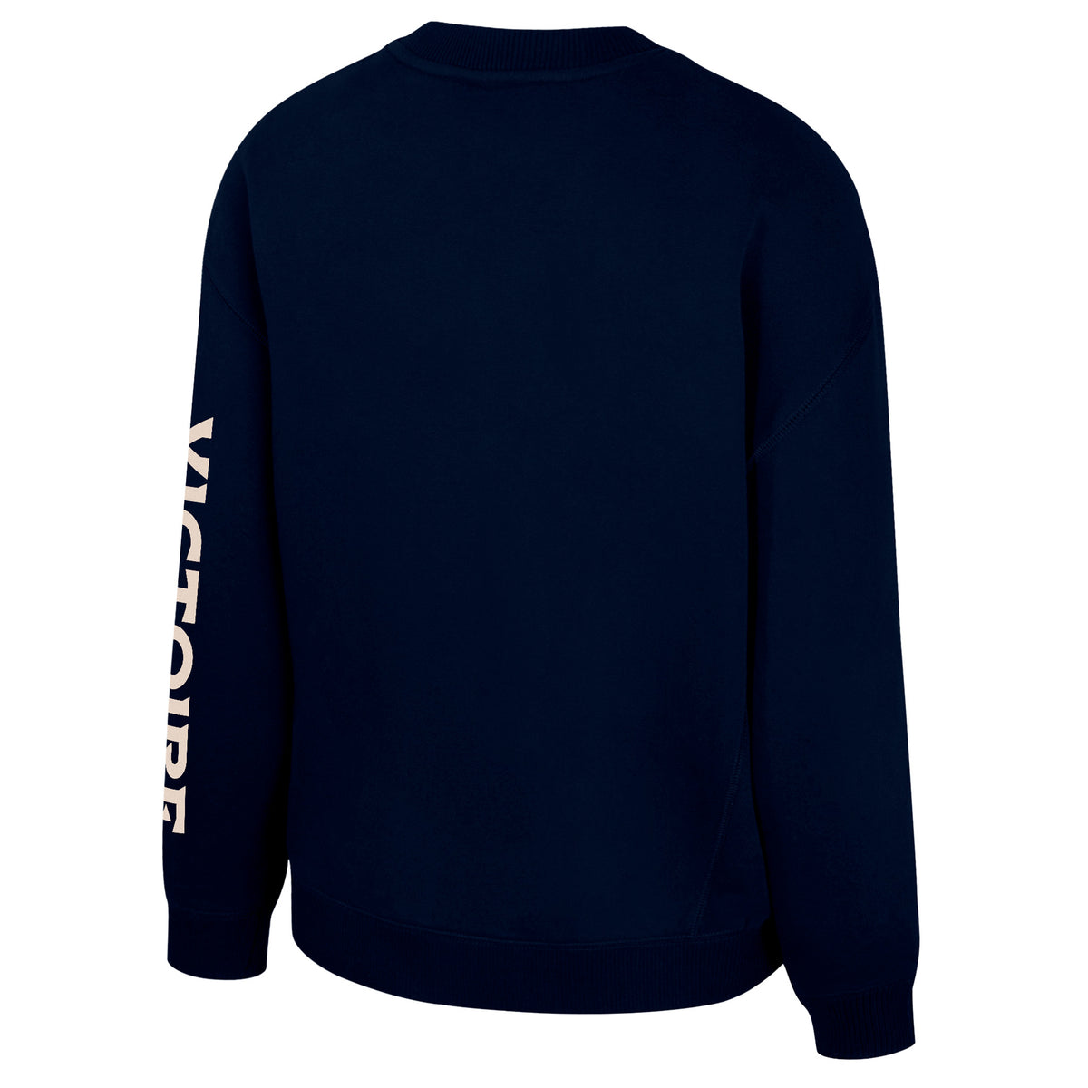 The back of a navy-blue crew neck Montreal Victoire crew neck sweatshirt with 'VICTOIRE' along the left sleeve. The collar, cuffs, and bottom have ribbed detailing.