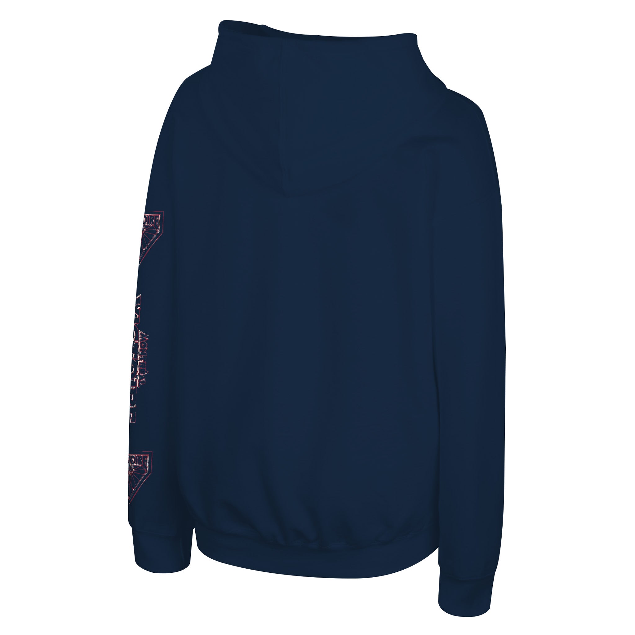 A navy blue pullover hoodie shown from the back, featuring a high collar and a vertical graphic print in red and white on the left sleeve.