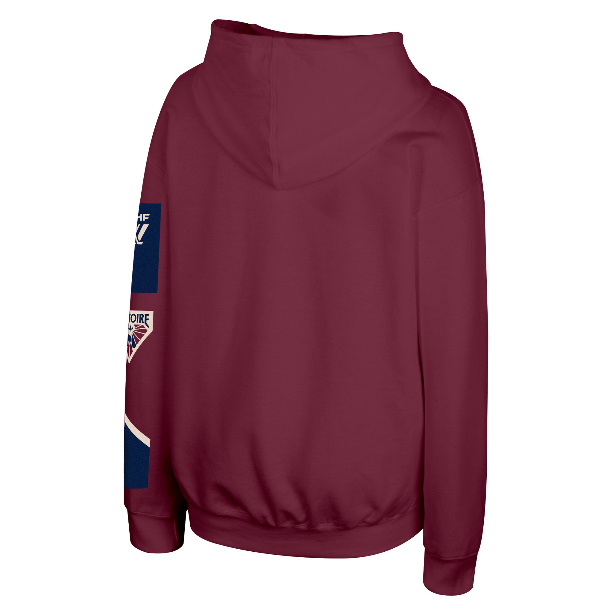 A maroon hooded sweatshirt shown from the back, featuring a navy blue and white sleeve patch with collegiate lettering.