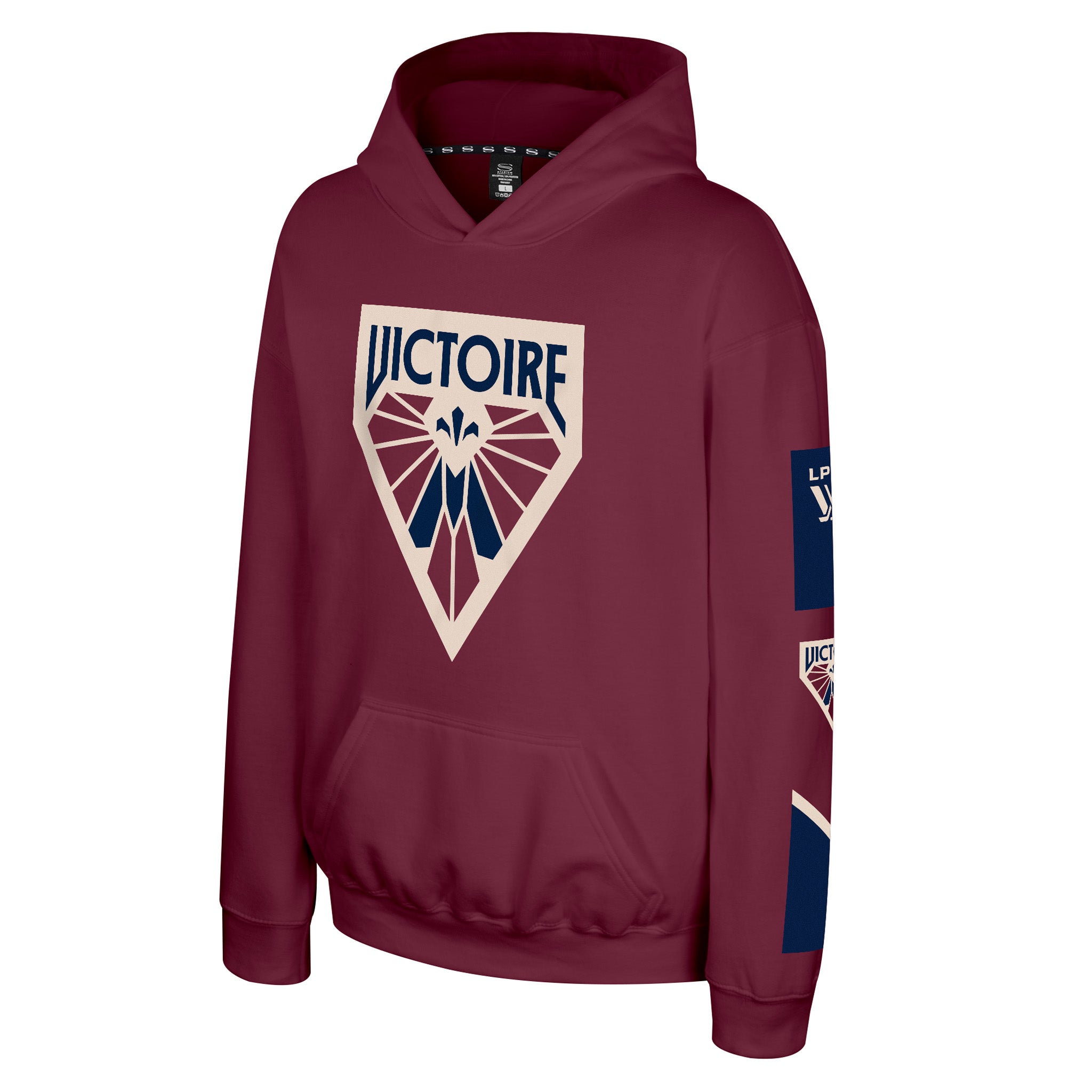 A maroon pullover hoodie featuring a large 'VICTOIRE' shield graphic on the chest with navy blue and cream details, and navy blue sleeve patches, shown on a plain white background.