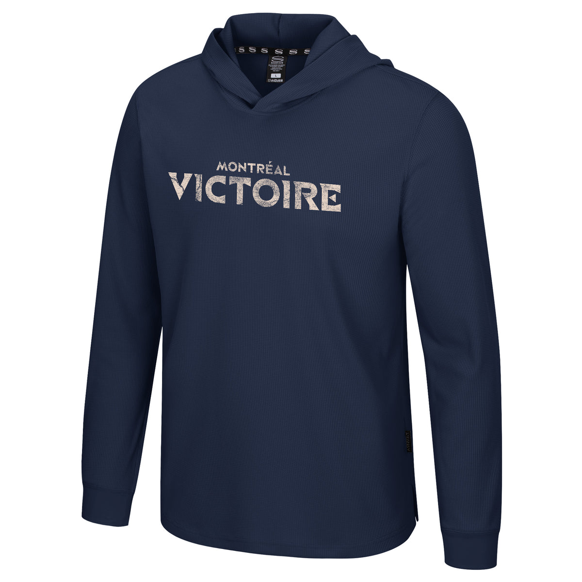 The front of a navy thermal hoodie with 'MONTREAL VICTOIRE' across the chest in white. 