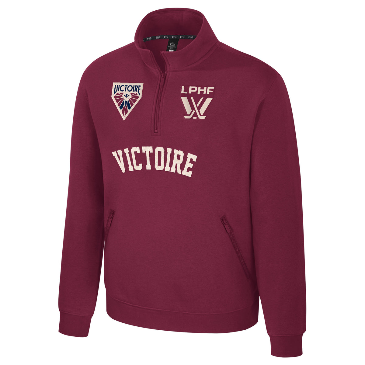 The front of a burgundy fleece quarter zip with an embroidered cream LPHF logo on the left chest and a Montreal Victoire logo on the right chest. Below the zipper is a cream embroidered 'VICTOIRE'.