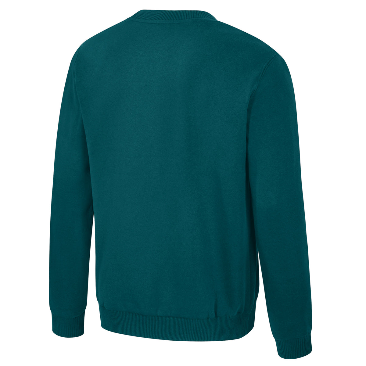 The back of a slate green crew neck Seattle Torrent crew neck sweatshirt. The collar, cuffs, and bottom have ribbed detailing. 
