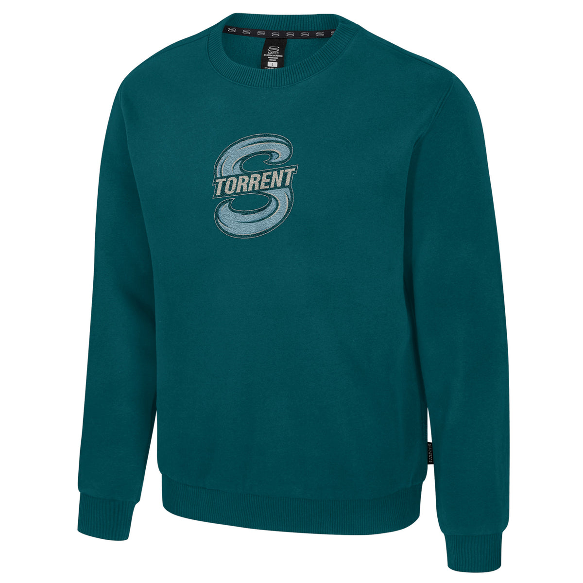 The front of a slate green crew neck sweatshirt with ribbed collar, cuffs and bottom band. The Seattle Torrent logo is embroidered in the center of the chest. 
