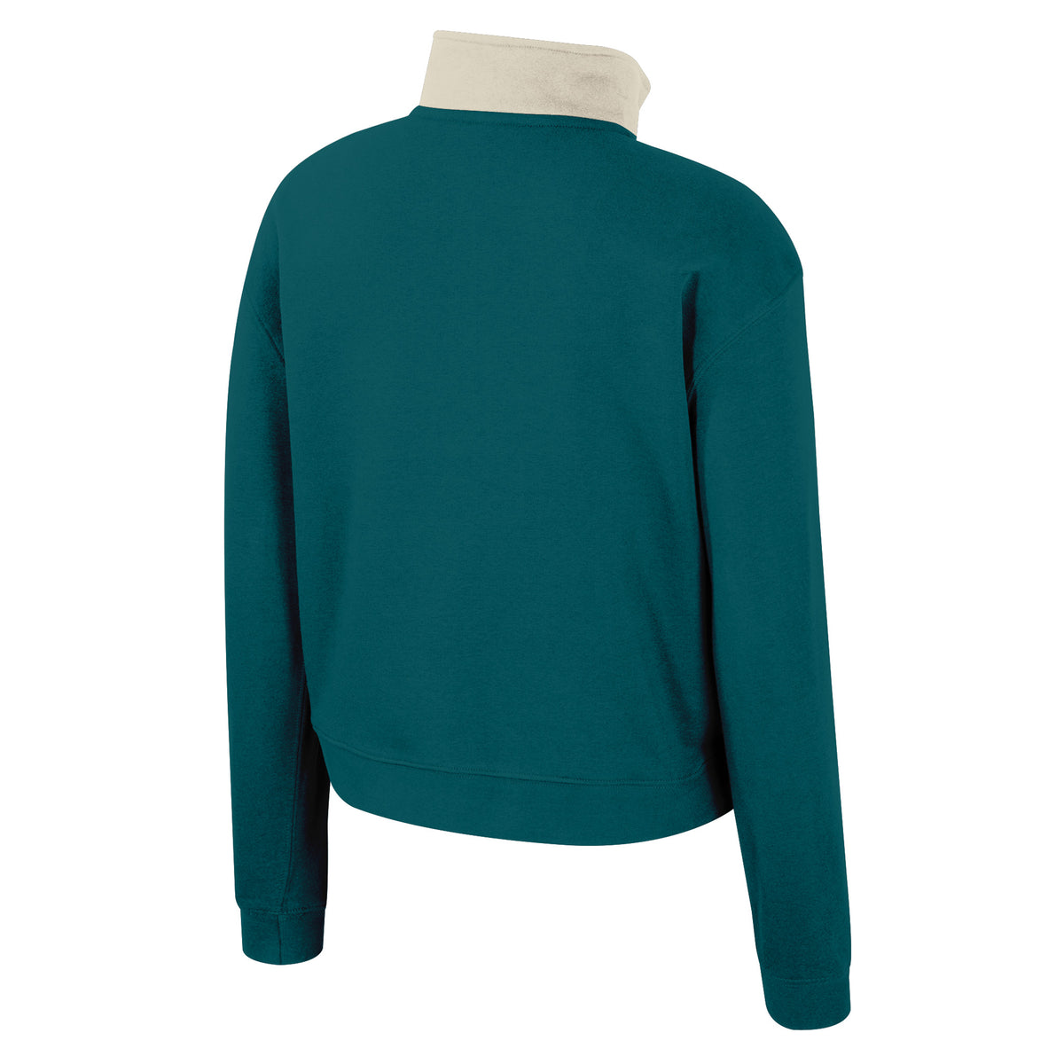 The back of a slate green Seattle Torrent fleece half zip with cream color blocking on the collar.