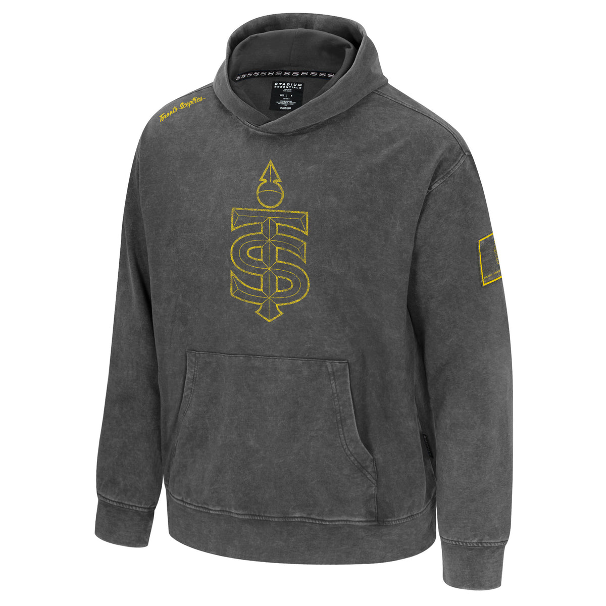 The front of a dark gray wash hooded sweatshirt with a large yellow mono-color Toronto Sceptres logo at the center of the chest. 'Toronto Sceptres' is in cursive on top of the right shoulder and a dark gray wash patch on the left arm containing the yellow Toronto Sceptres logo and yellow outline.