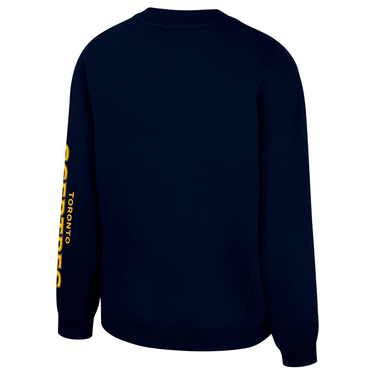 The back of a navy-blue crew neck Toronto Sceptres crew neck sweatshirt with 'TORONTO SCEPTRES' along the left sleeve. The collar, cuffs, and bottom have ribbed detailing.