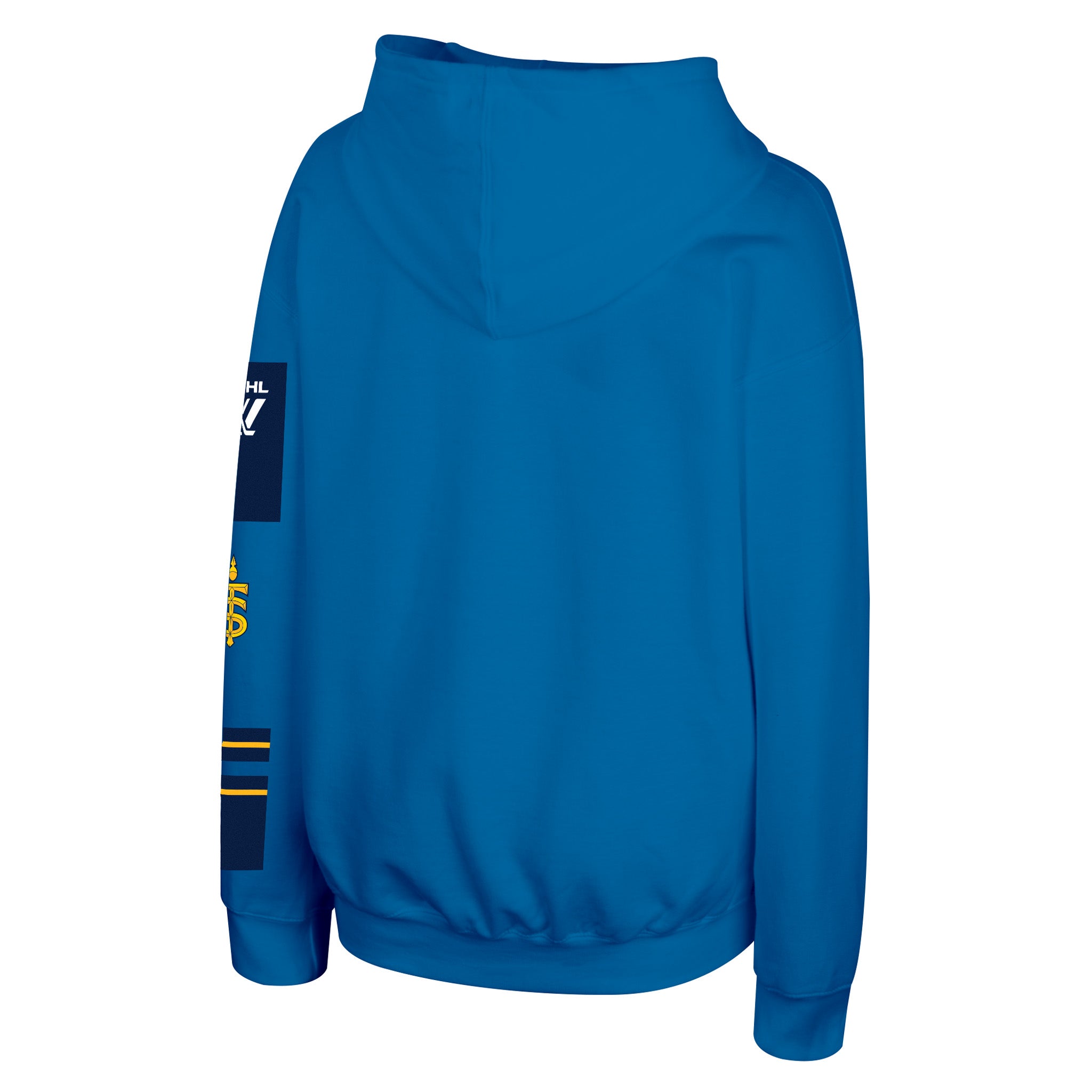 A royal blue pullover hoodie shown from the back, featuring a high collar, long sleeves, and graphic patches on the left sleeve with yellow and white details.