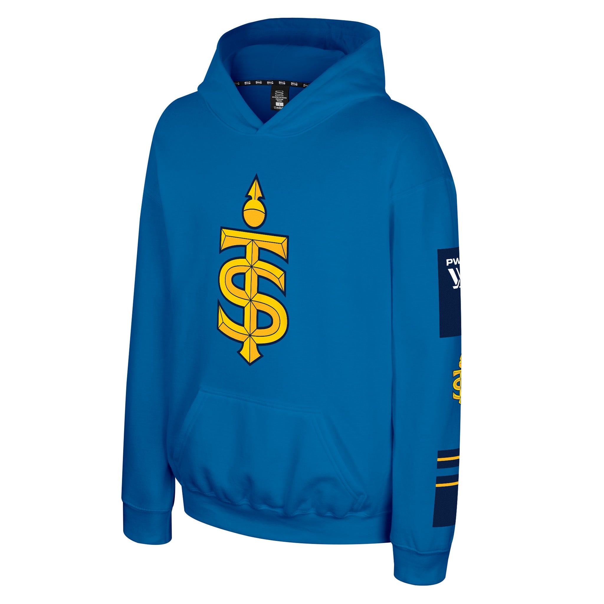 A royal blue pullover hoodie featuring a large yellow and gold stylized 'TS' logo on the chest, with navy and yellow graphic patches on the sleeves, shown against a plain white background.
