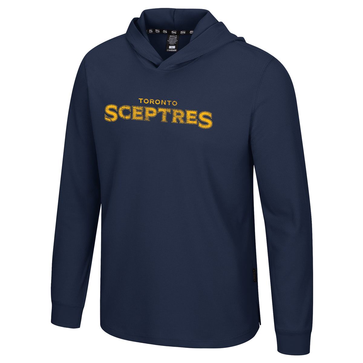 The front of a navy thermal hoodie with 'TORONTO SCEPTRES' across the chest in yellow. 